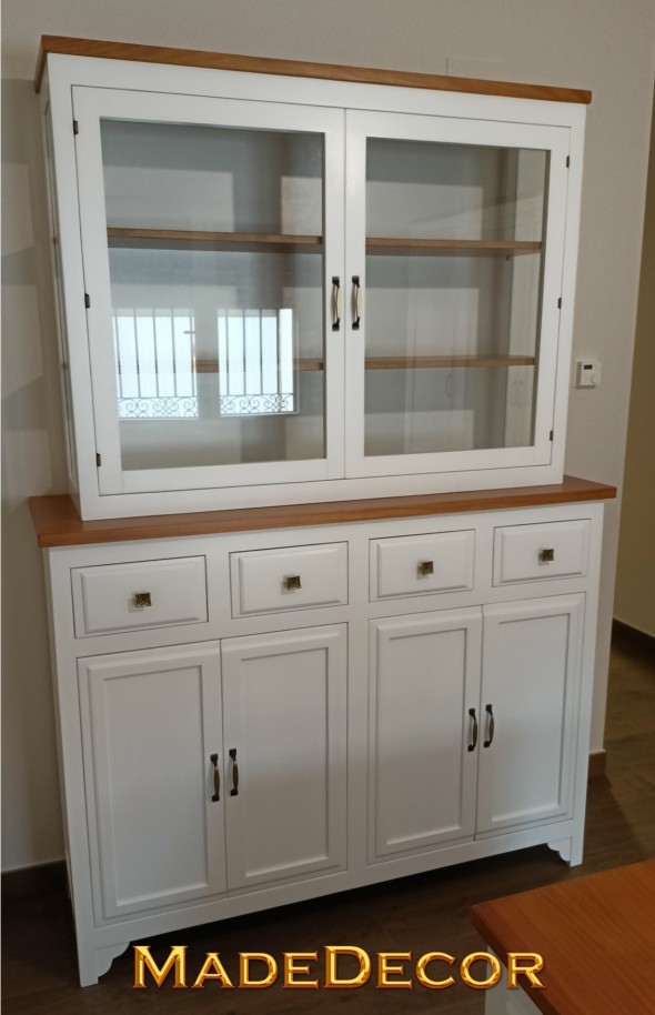 APARADOR CON VITRINA EN MADERA LACADA Y NOGAL